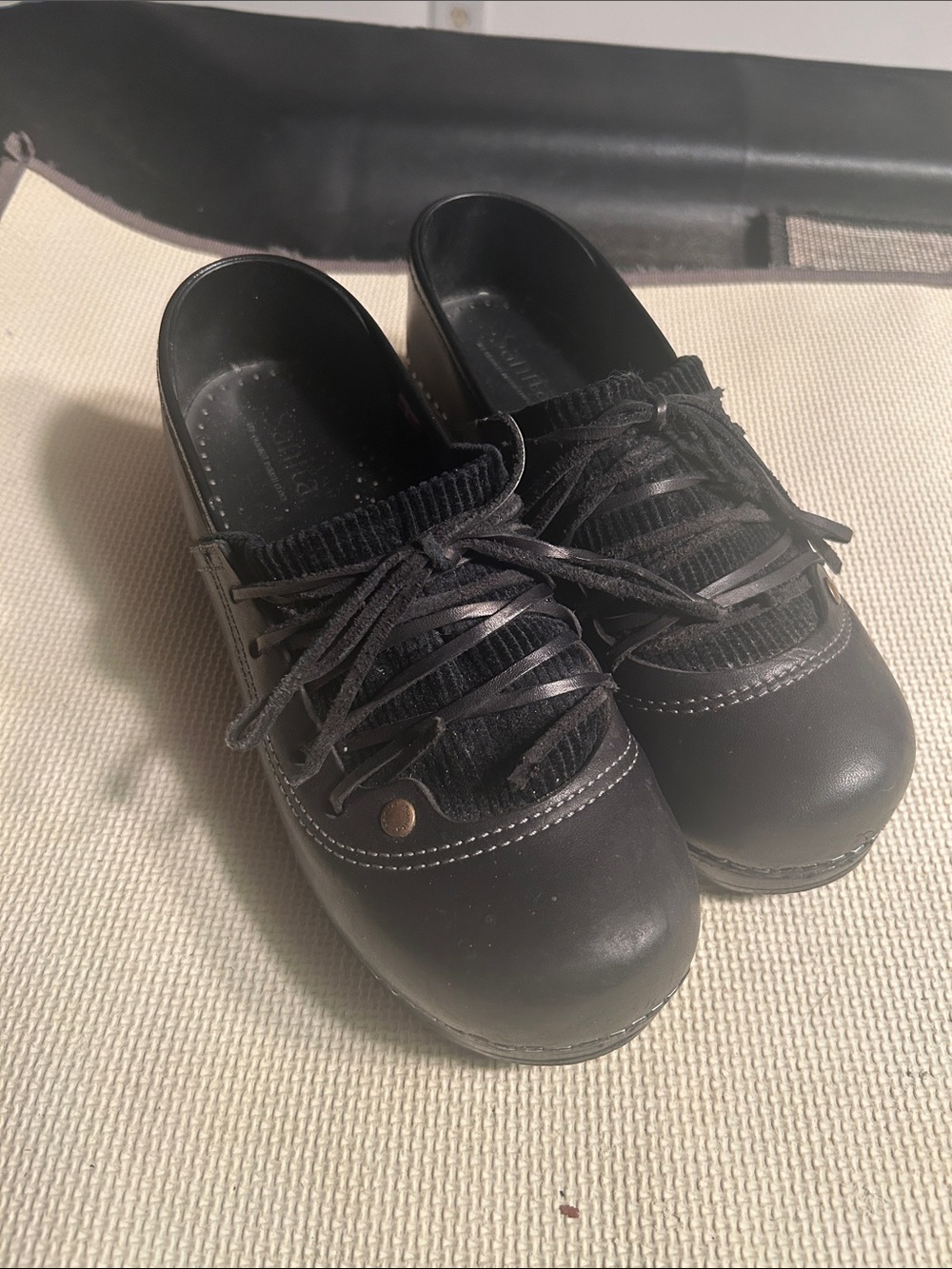 Sanita Black Leather Lace-Front Clogs